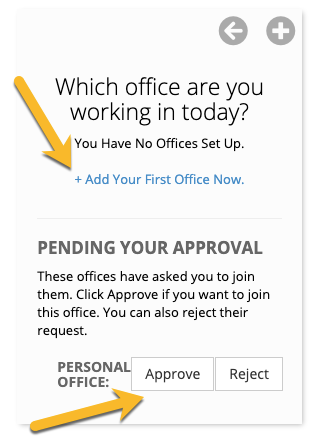 How do I accept an invitation to join an office, or how do I create a new office - the page seen after login which allows you create a new office or join an existing office you were invited to.